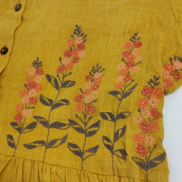 Bombay Paisley. Mustard Color 3/4 Sleeve Dress With Floral Embroidery - Picture 4 of 11